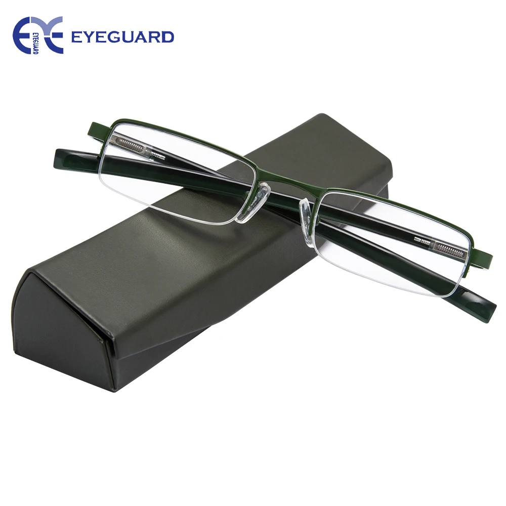 

EYEGUARD Half Metal Frame Mini Size Lens Reading Glasses Readers Unisex with Hard Case Green