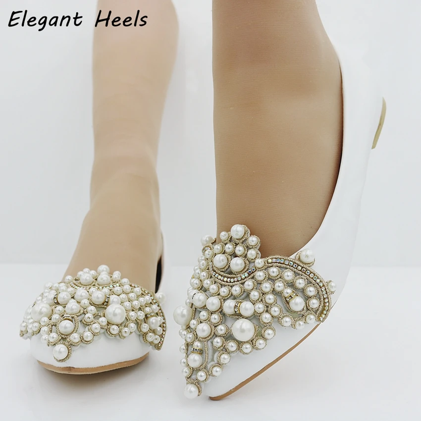 Fashion Pearls Flats Pointed Toe Wedding Shoes Flat Heel Casual