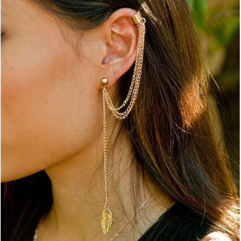 Metal Ear Clip Leaf Tassel Earrings For Women Ear Cuff Jewelry Gold Silver Color Vintage Clip Earring Brincos Bijoux Gift 1pcs