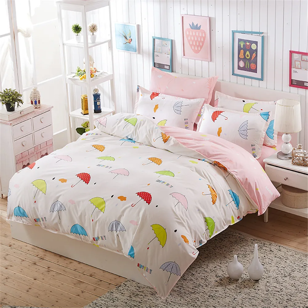 أطفال الكرتون الفراش مجموعات 4 قطعة الوردي و الأبيض الملونة مظلة ورقة غطاء سرير لحاف المخدة بنات نوم المنسوجات المنزلية ديكور
