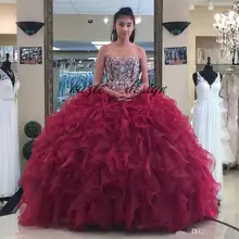 Бальное платье бордового цвета с бусинами пышные платья без бретелек вырез аппликация Выпускные платья Кристаллы на шнуровке сзади Стразы сладкий 16