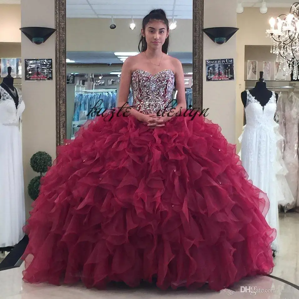 

Burgundy Beaded Ball Gown Quinceanera Dresses Strapless Neckline Appliques Prom Gowns Crystals Lace-up Back Rhinestones Sweet 16