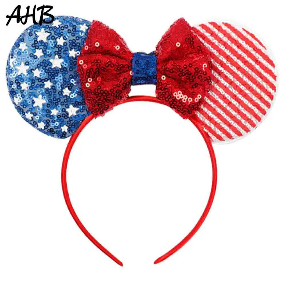 

AHB 4th of July Sequin Ears Hair Band for Girls Striped Stars Blue/Red/White Hair Bows Headband for Girls Party Hair Accessories