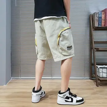 

M-5XL 2 Colors Mens Elastic Waist Cargo Shorts with Zipper Pockets Streetwear Baggy Summer Bermudas Shorts Man Casual Cotton