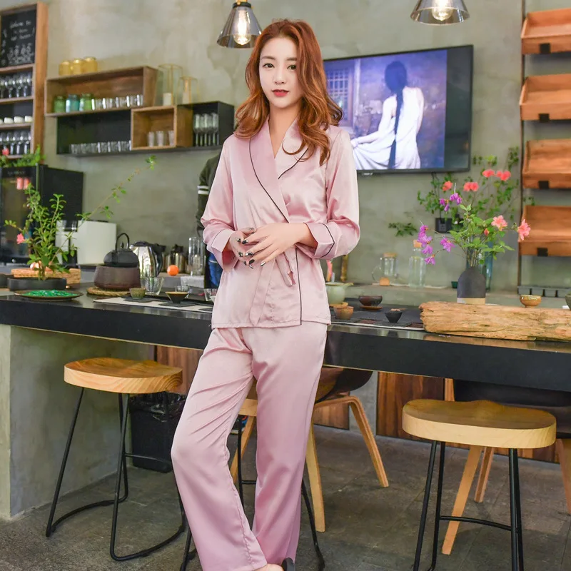2017 otoño nueva llegada pijama de satén para mujer conjunto de ropa de dormir de manga larga de dos piezas de talla grande con cuello en V pijamas transpirables 4 colores - 3