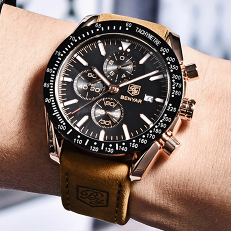  Men's Watches Benyar Fashion Quartz Men Watch Waterproof Military Sport Clock Man Casual Leather Ch
