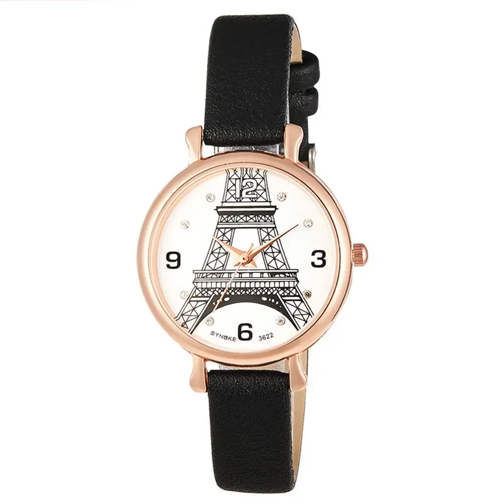 

Women Chic Eiffel Tower Arabic Numbers Rhinestone Quartz Faux Leather Wrist Watch Bracelet dropshipping