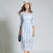 Azul Vestidos de Renda Rosa Das Mulheres de Cintura Alta O-pescoço Vestido de Renda Floral Oco Out Vestido Femme Manga Alargamento Plus Size robe N609YS