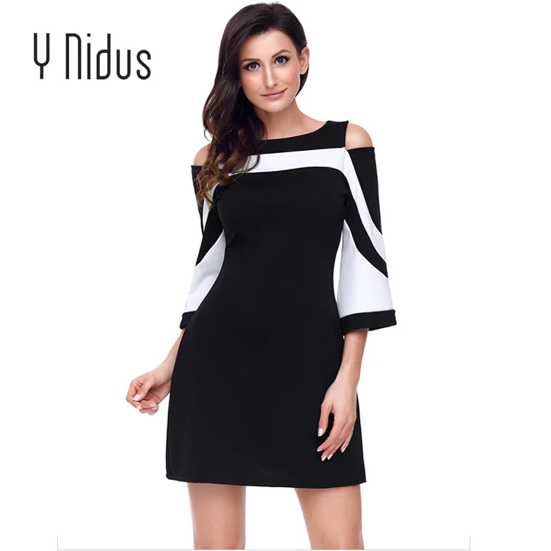 

Y Nidus Women T Dress Office Ladies Dresses Elegant Work Wear 3/4 Sleeve Dress Casual Black Off White Vestidos