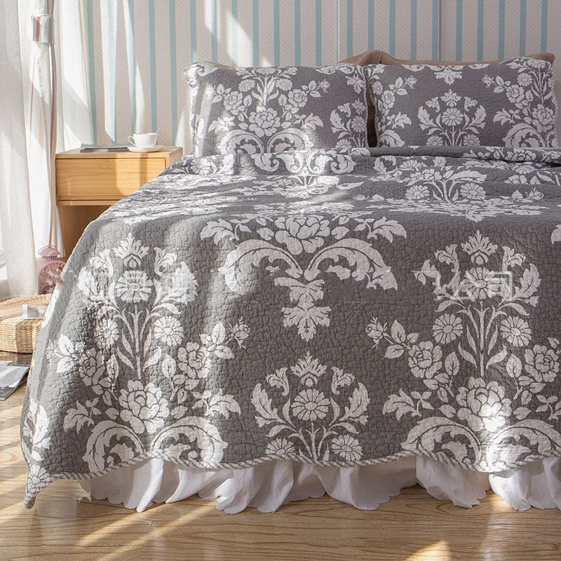 Chausub Gray Plain Quilt Set 3pcs Cotton Quilts Bedspread Quilted
