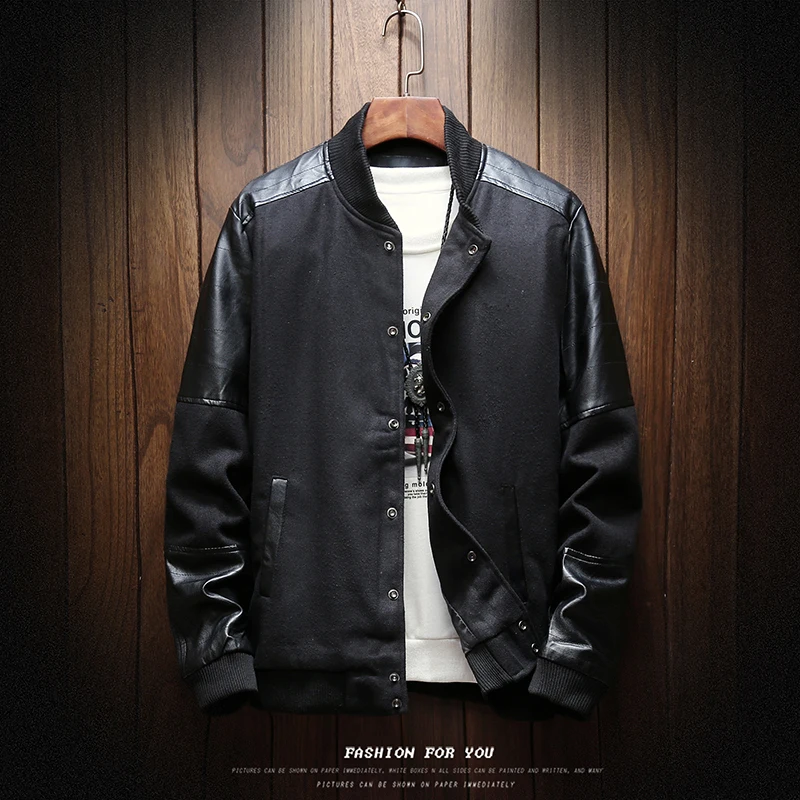 Jacket Men 2018 Autumn New Fashion Black Slim Casual Leather Stitching Trend Street Japanese Baseball Uniform Bomber Jacket Jacket Men 2018 Autumn New Fashion Black Slim Casual Leather Stitching Trend Street Japanese Baseball Uniform Bomber Jacket