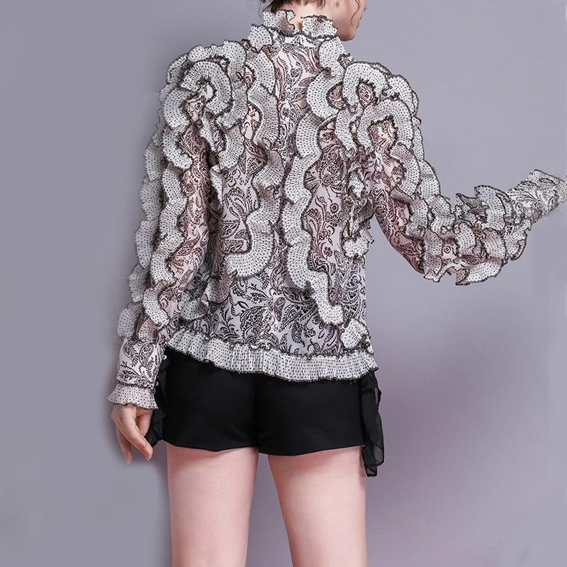 VGH الكورية نقطة طباعة قميص للنساء الوقوف طوق طويلة الأكمام الكشكشة زيبر فضفاض بلوزة أعلى الإناث أزياء جديد 2019 الصيف