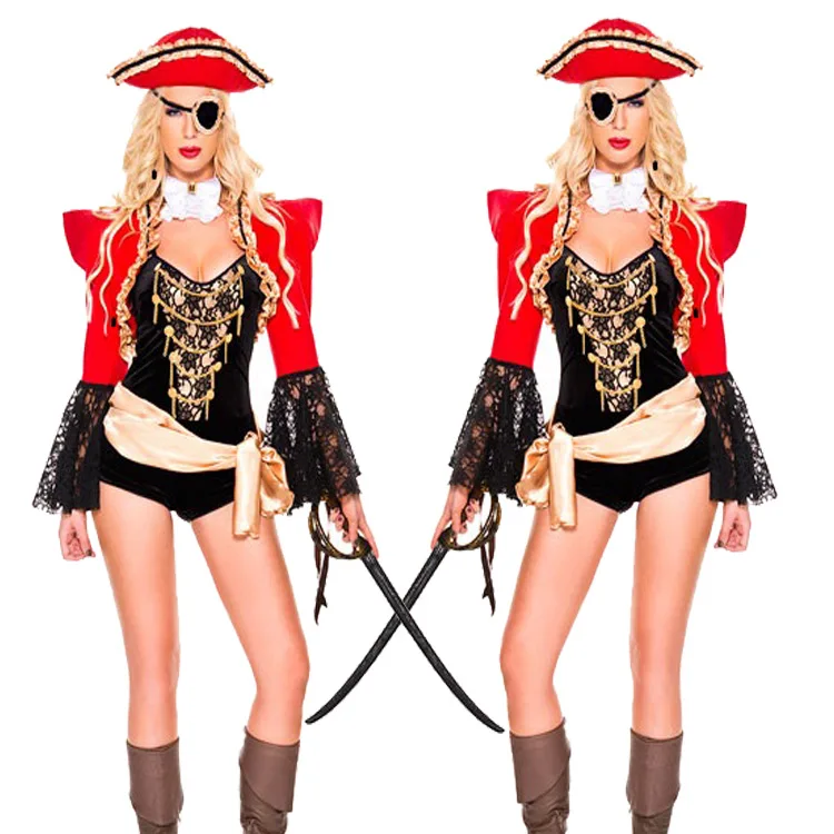 MILLYN Nouveau Halloween femme pirate cosplay jeu uniforme, one eyed pirate rouge reine COS Costume