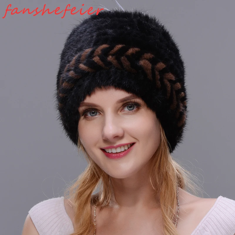 Новая зимняя теплая шапка из натурального меха норки, теплая шапка для женщин, двухцветная спиральная вязка с маленьким помпоном из меха лисы на верхней части