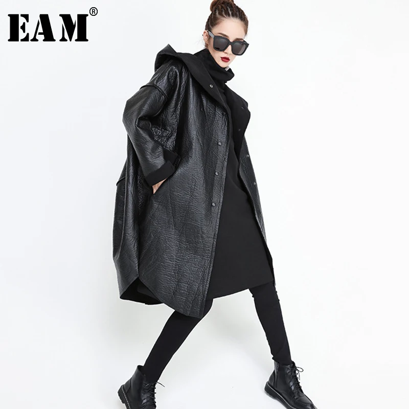 [EAM] 2019 New Spring Hooded Long Sleeve Black Pocket Split Joint Thicken PU Leather Jacket Women Coat Fashion Tide JG637
