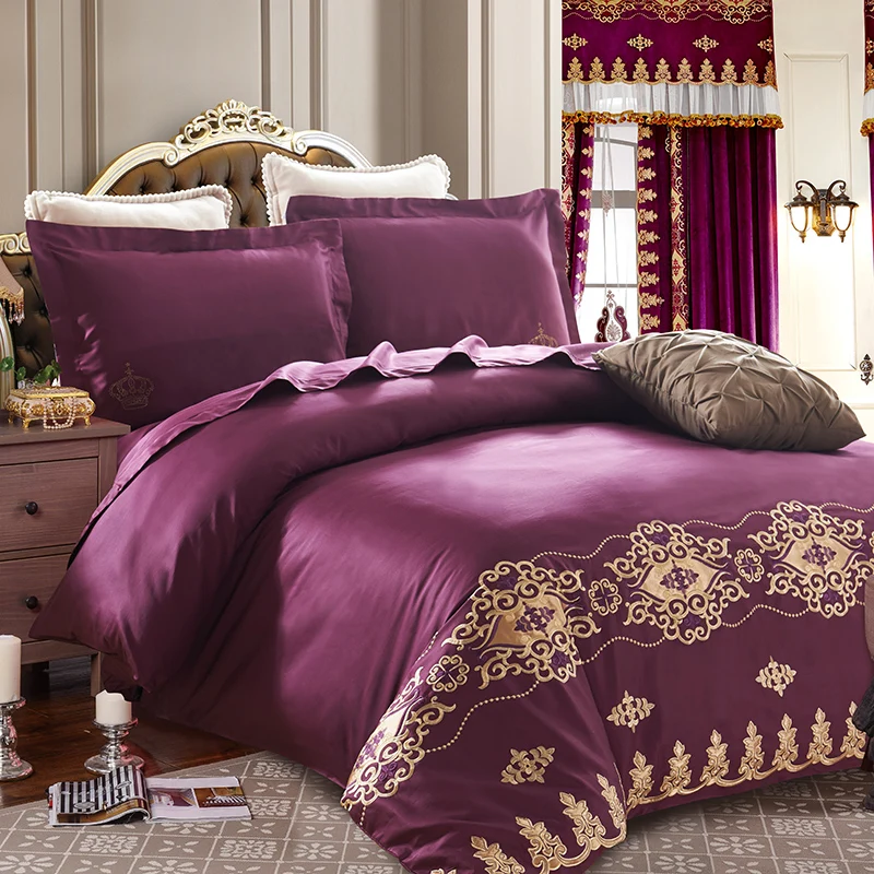 

60S cotton duvet cover set Embroidery bedding set 4 pcs duvet cover sheet pillowcases queen king double size red free shipping