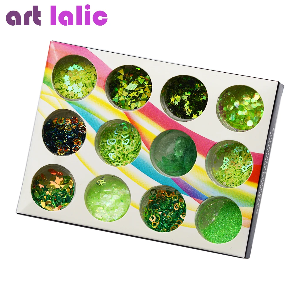 12Pcs Laser Green Nail Art Glitter Sequins Acrylic Tips UV Gel Polish Hologram For Manicure Tips Tools Decoration