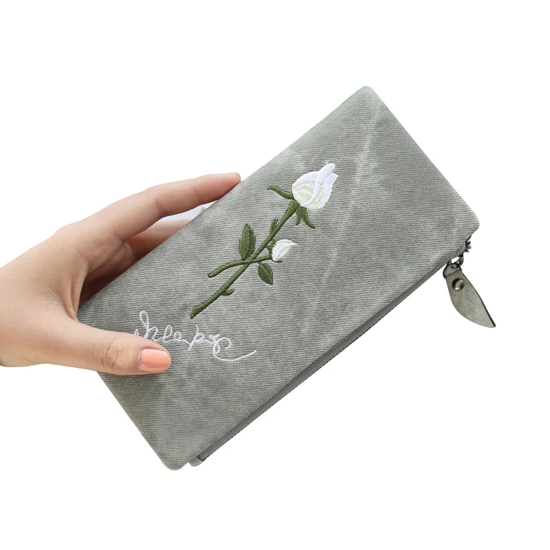 

NEW Canvas Women Wallet Female Coin Purse With Embroidered Rose Flowers Lady Cell Phone Card Holder Long Ladies Wallets Carteras