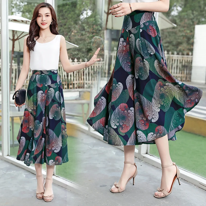 

Summer Women Print Flower Pattern Wide Leg Pants Loose Chiffon Dress Pants Female Casual Skirt casual pants Capris Culottes
