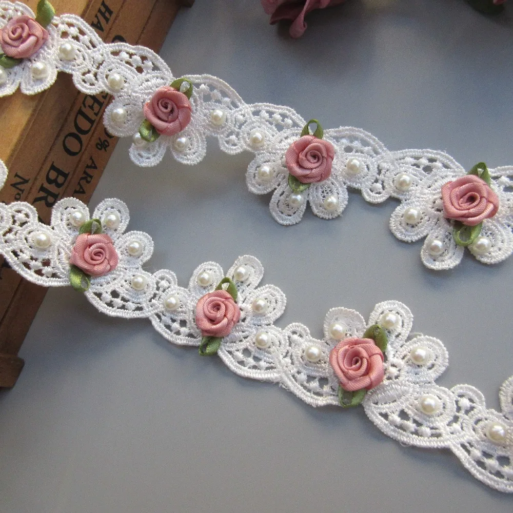 5meter 37mm White Pearl Bead Flower Lace Edge Trim Ribbon Fabric