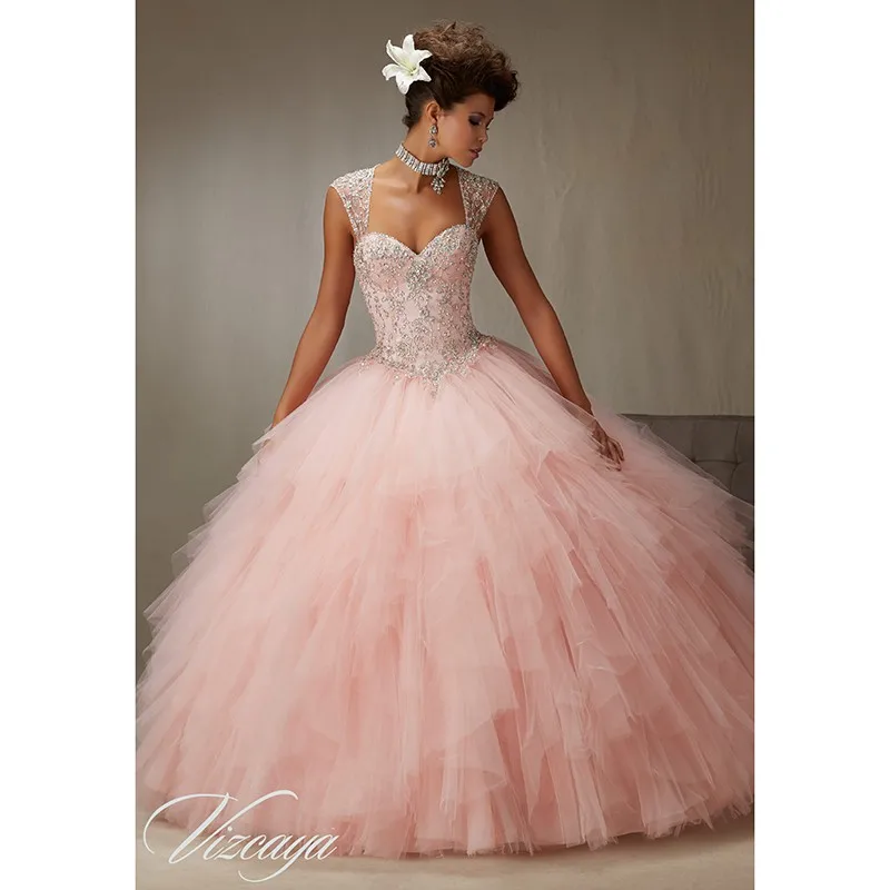 

Blush Pink Tulle Ball Gown Quinceanera Dresses 2016 Sweetheart Beading Beaded Crystal Sweet 16 Dresses vestido de 15 anos