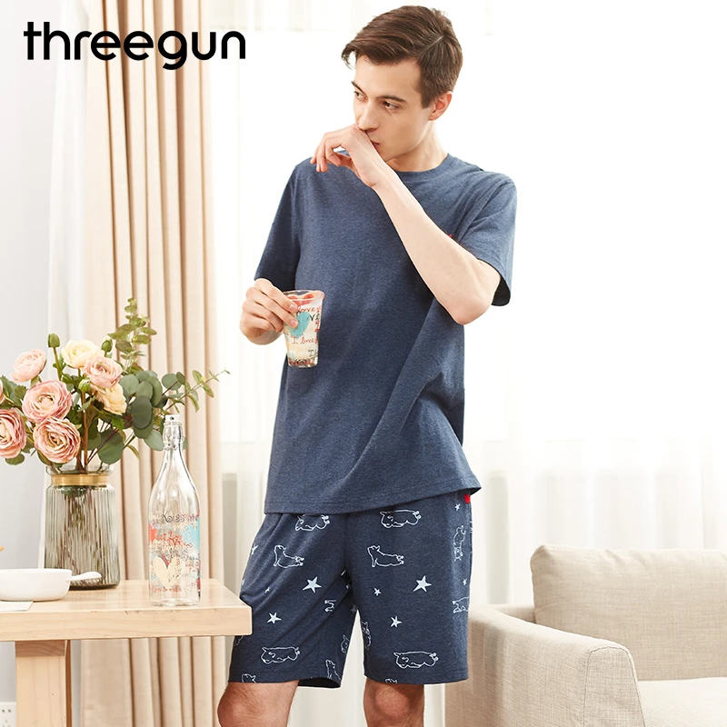 Threegun ブランドメンズセクシーな寝間着カジュアルホーム服メンズ睡眠ショーツパジャマセット綿トップス Tシャツ ショーツスパースター Hombre Pijama Hombre Mens Sexy Sleepwearpajama Sets Aliexpress