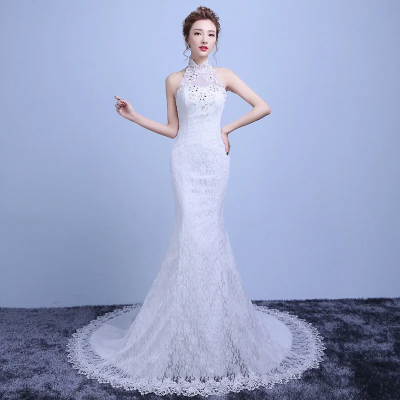 

Vivian's Bridal 2018 Halter Sleeveless Women Mermaid Wedding Gown Appliques Floor-length Court Train Backless White Bridal Dress