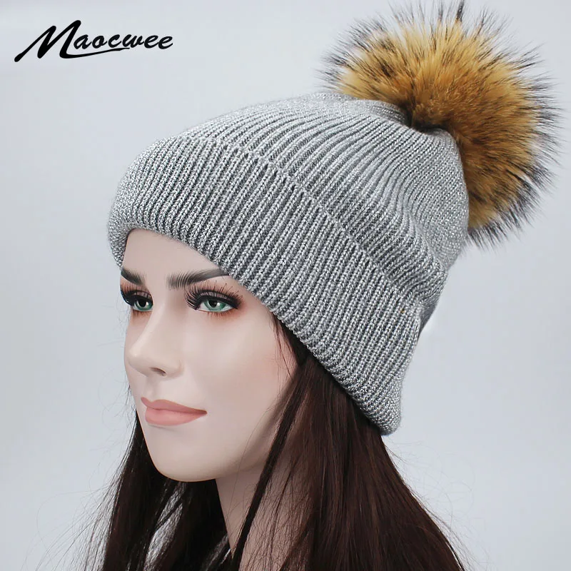 

Knitted Shiny Silver Line Hat for Women Real Raccoon Fur Pompom Thick Warm Women's Caps for Girl's Winter Beanies Skullies 2018