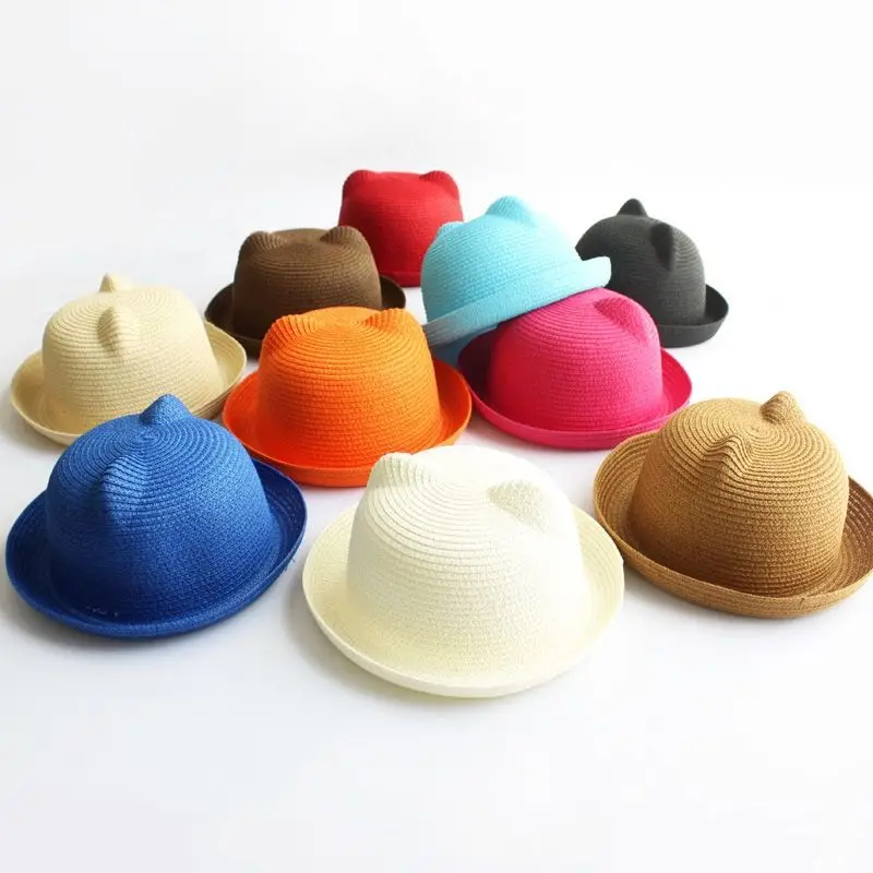 

Summer Parent-child Hat Cap Children Breathable Straw Hats Children's cat ears sunhat Kids Cute Solid Boy Girls Hats