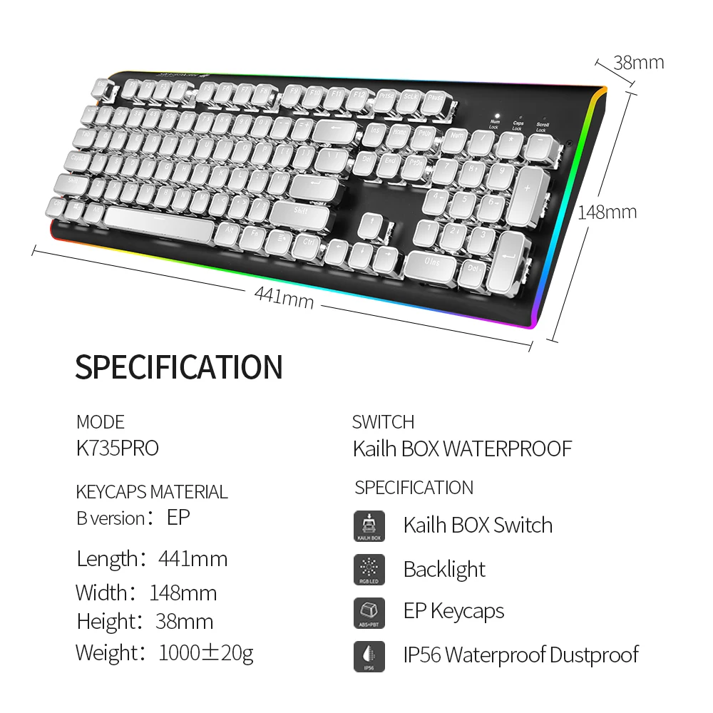  HEXGEARS GK735-B Kailh BOX Switch Mechanical Keyboard Electroplating Keycaps RGB SizeLight Mechanic
