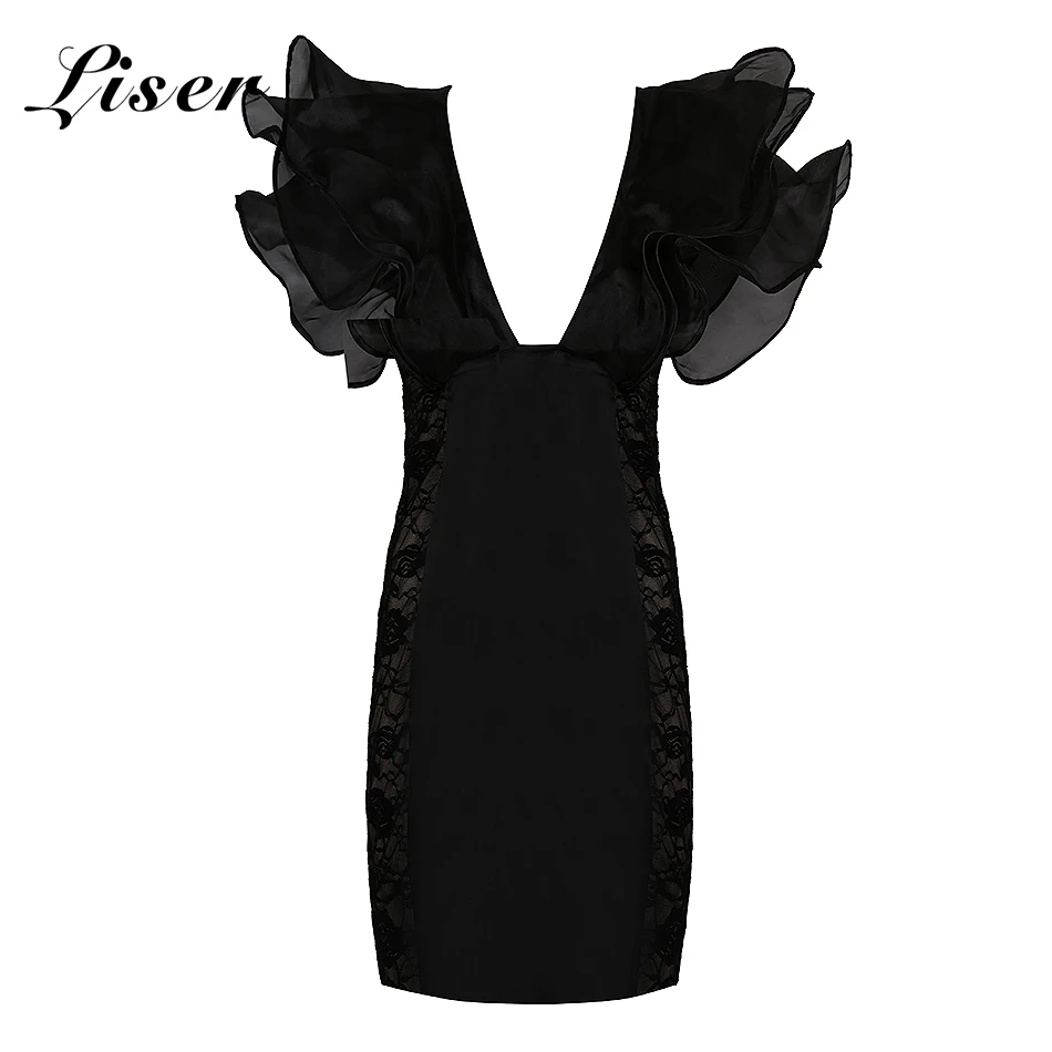 Liser новое летнее женское платье с v-образным вырезом и рюшами, кружевное сексуальное обтягивающее платье, элегантные вечерние платья знаменитостей, черные платья