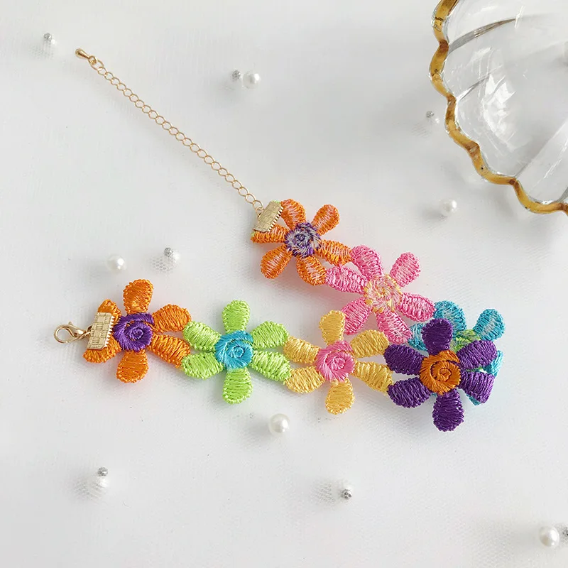 Цветное кружевное ожерелье-чокер с цветами, Женская цепочка в стиле Лолиты, короткая простая цепочка для ключицы, ювелирные изделия на шею, ожерелье и браслет - Окраска металла: B-bracelet