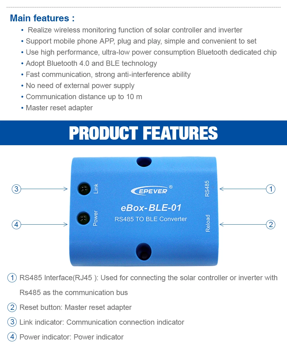 EPSOLAR eBox-BLE-01 Bluetooth коробка RS485 к bluetooth-адаптеру связь беспроводной мониторинг с помощью приложения