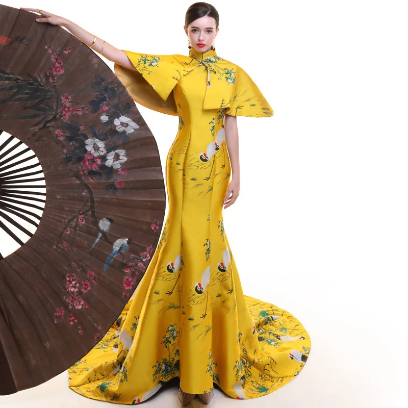 Жёлтое винтажное Ципао длинное современное китайское традиционное платье женское свадебное Восточно-китайское платье Восточный вечер