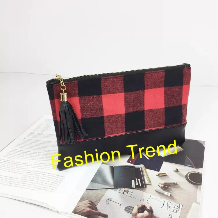 

10pcs/lot wholesale newest 2 colors stock buffalo plaid cosmetic bag monogram personalize checked makeup bag women handbag