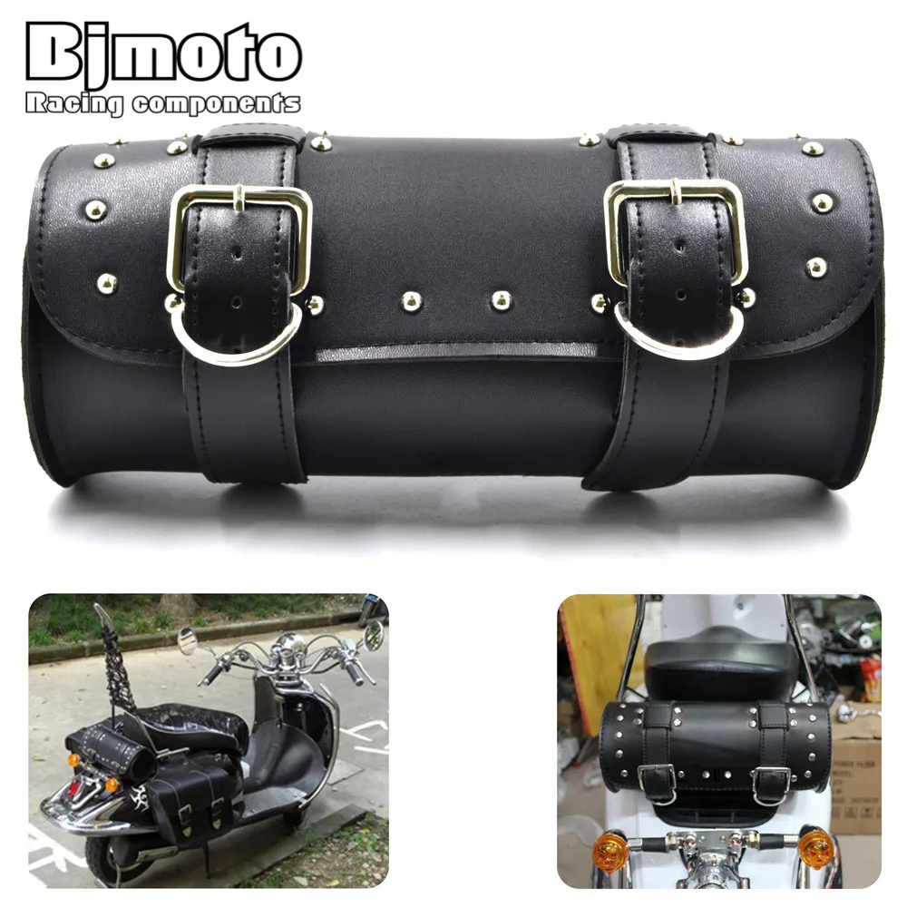 BJMOTO Motorcycle Saddle font b Bags b font Black Brown Leather Motorbike Side font b Tool