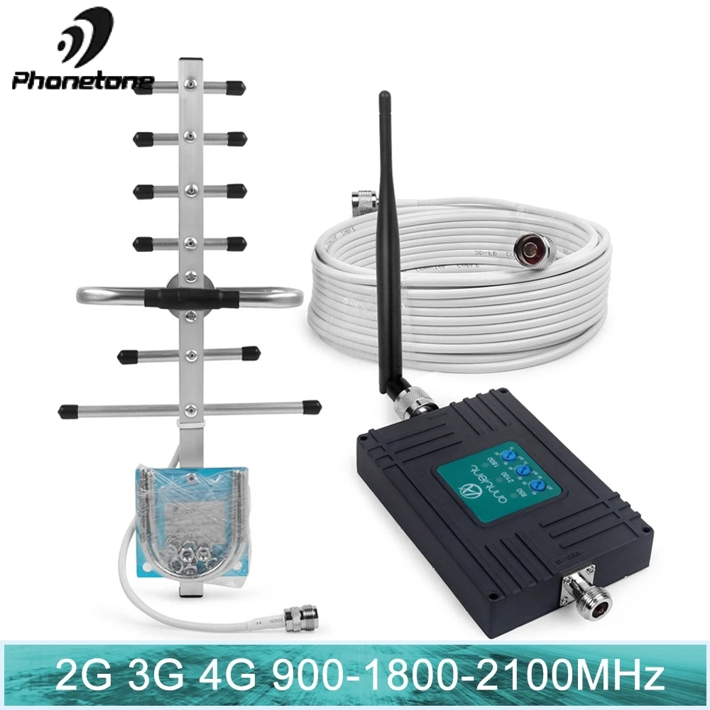

GSM Amplifier Tri-band 900/1800/2100MHz 2G 3G 4G LTE Cellular Signal Booster Mobile Repeater 70dB with Antennas for Band 8/3/1