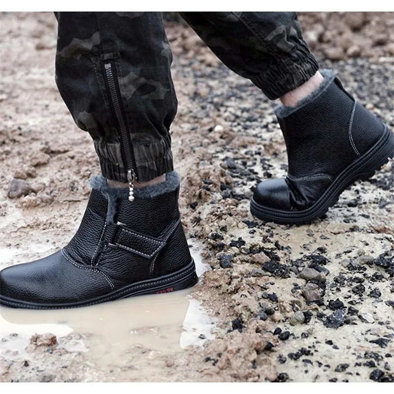 Зимние рабочие ботинки; меховые теплые зимние ботинки для мужчин; защитная обувь со стальным носком; повседневные Нескользящие плюшевые ботильоны для взрослых