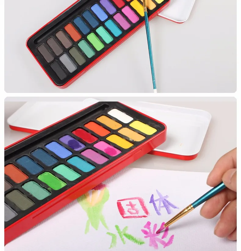 Bianyo Colors Tin Box Watercolor Paints Brush Set Student Sketch Painting Non-toxic Stationery Art