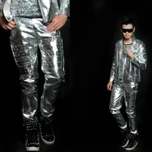 Сценические мужские кожаные штаны серебряная заклепка шаровары мужские европейские брюки для пения, танцев rock pantalon homme street