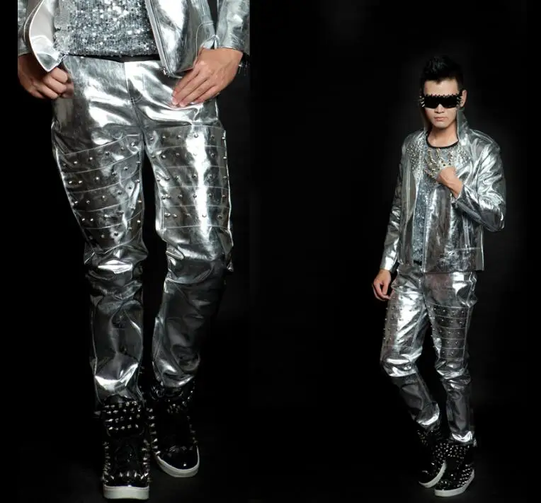 Stage Personality Men Leather Pants Silver Rivet Harem Pant Men
