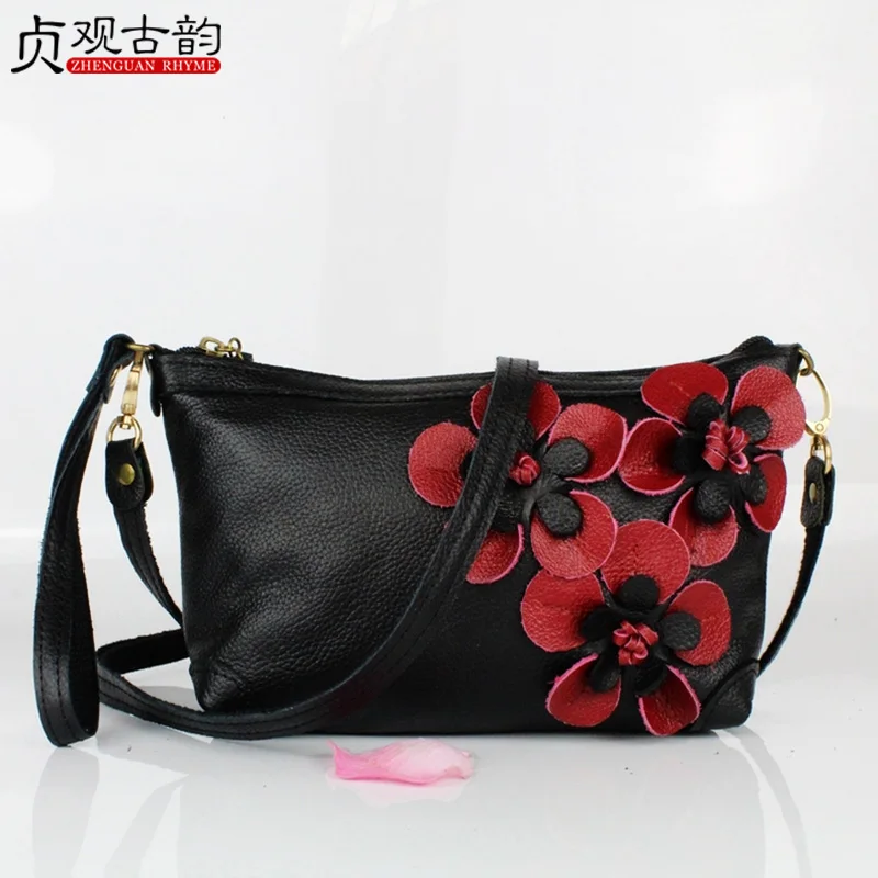 

Fashion Genuine Leather Flower Lady Handbag Women The First Layer Cowhide Small Ethic Style Shoulder Crossbody Vintage Hand Bags