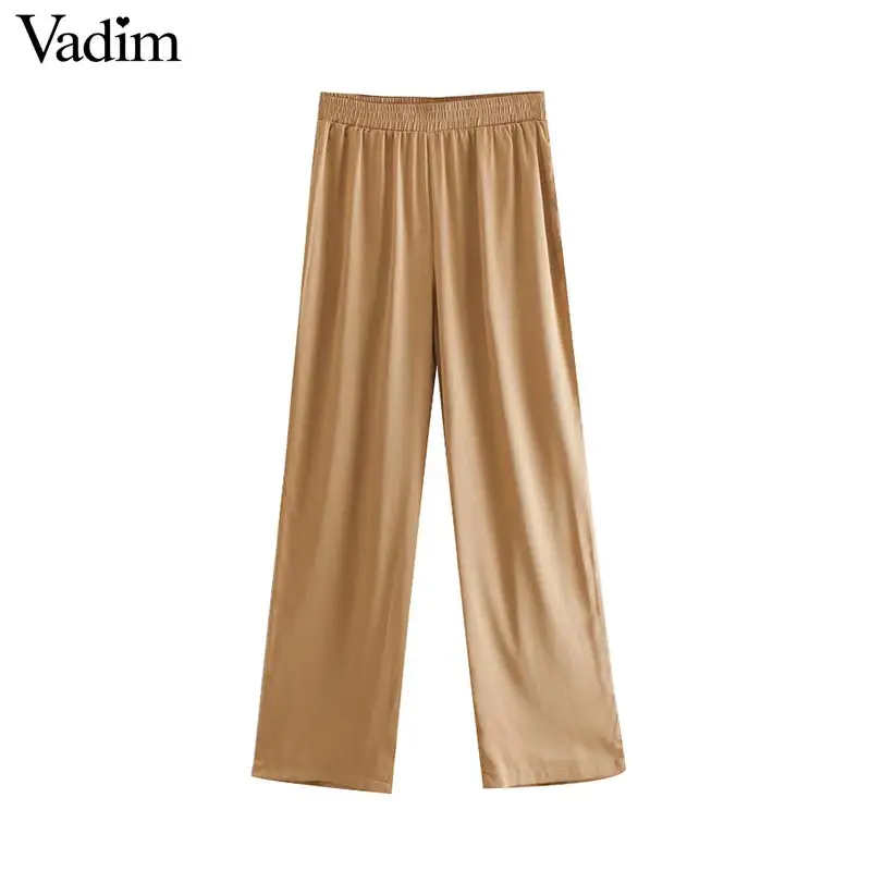 

Vadim women stylish solid long straight pants vintage casual elastic waist female chic khaki trousers pantalones KA916