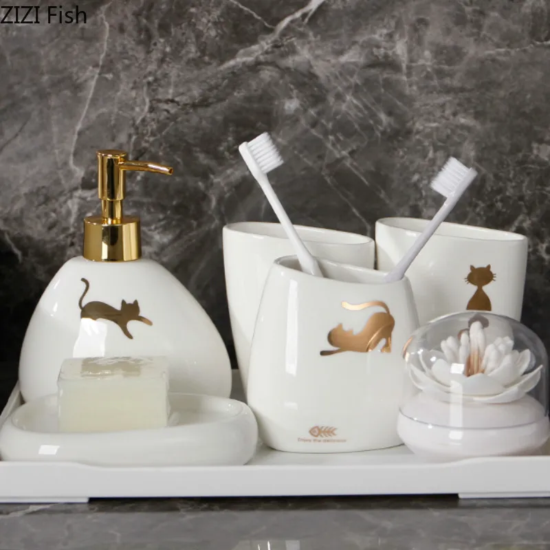 Набор керамических принадлежностей для ванной комнаты с рисунком котенка, набор из шести предметов, держатель для зубной щетки, бутылка для лосьона, европейский стиль, комплект для ванной комнаты