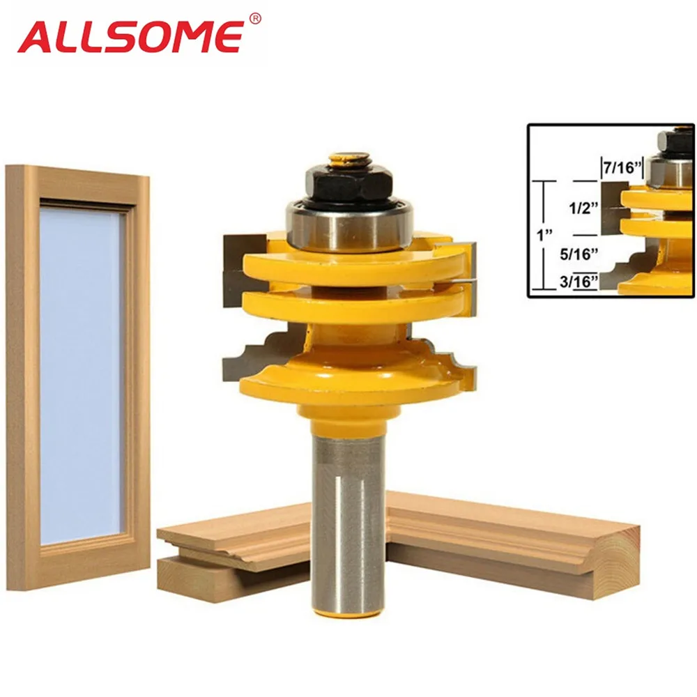 ALLSOME 1/2" Shank Glass Door Rail & Stile Reversible Router Bit Wood Cutting Tool Woodworking