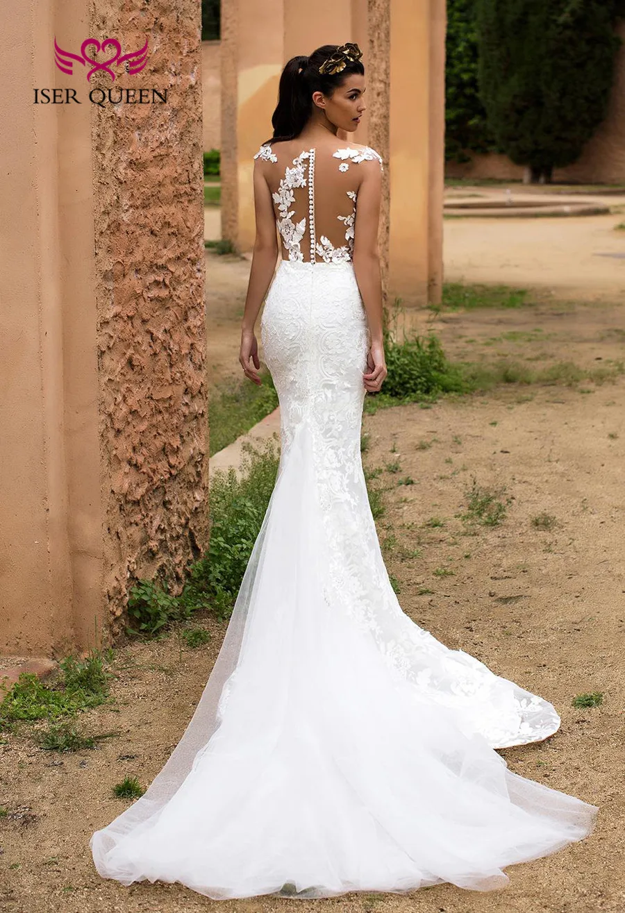 Illusion Back Sheer Neck Israel Mermaid Wedding Dress Detachable