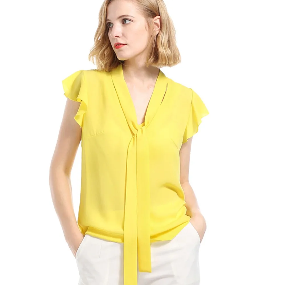 

2018 women summer blouse yellow chiffon blouse Ruffles casual office ladies blouses short sleeve V-neck lace up elegant top