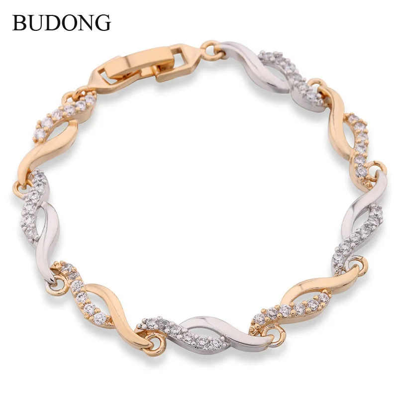 BUDONG Infinity Crystal Hand Link Chain Bracelets 2 Colors for Women Silver/Gold-Color Twisted Bangle Engagement Jewelry XUL140
