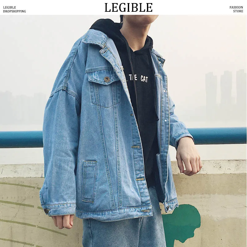 

LEGIBLE Retro Denim Jackets Men Man Streetwear Black Denim Jackets Male Autumn Fashions Loose Denim Windbreaker Bts