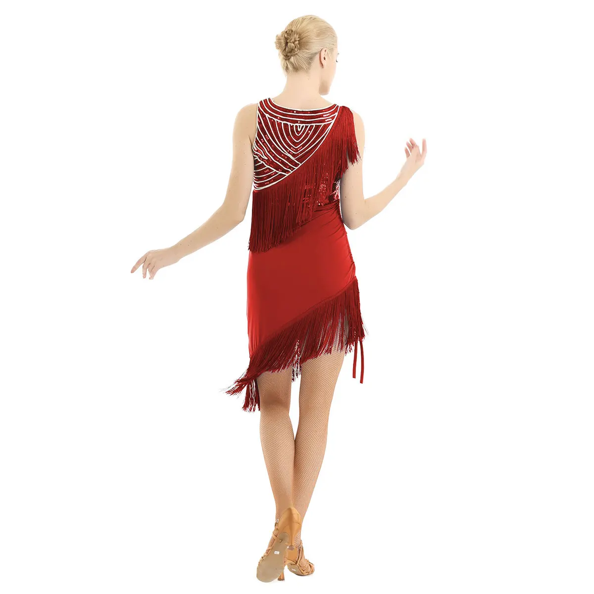 Women Sequin Halter Fringe Dress Rumba Latin Dance Dress Tassel Ballroom Costume